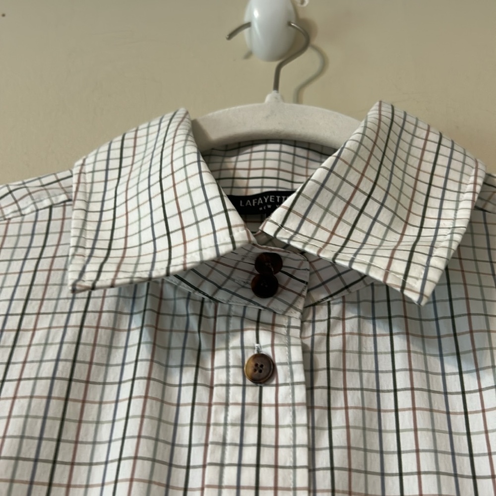 Lafayette 148 New York White Button Up Long Sleeve Dress Shirt Large Grid Print - Picture 7 of 13